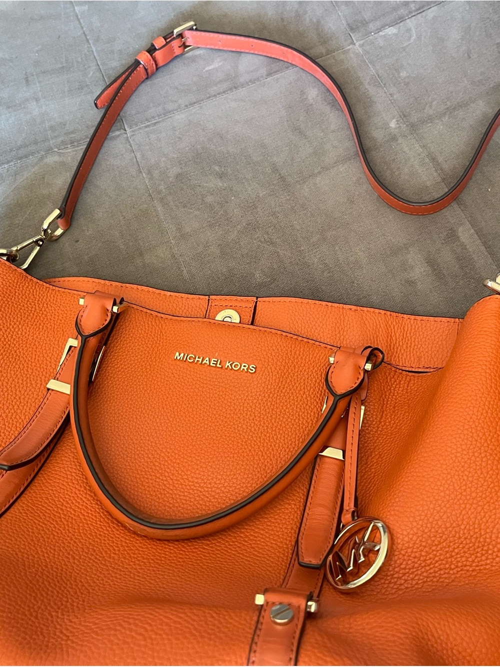 Michael Kors Orange Pebbled Leather Satchel with Gold Hardware